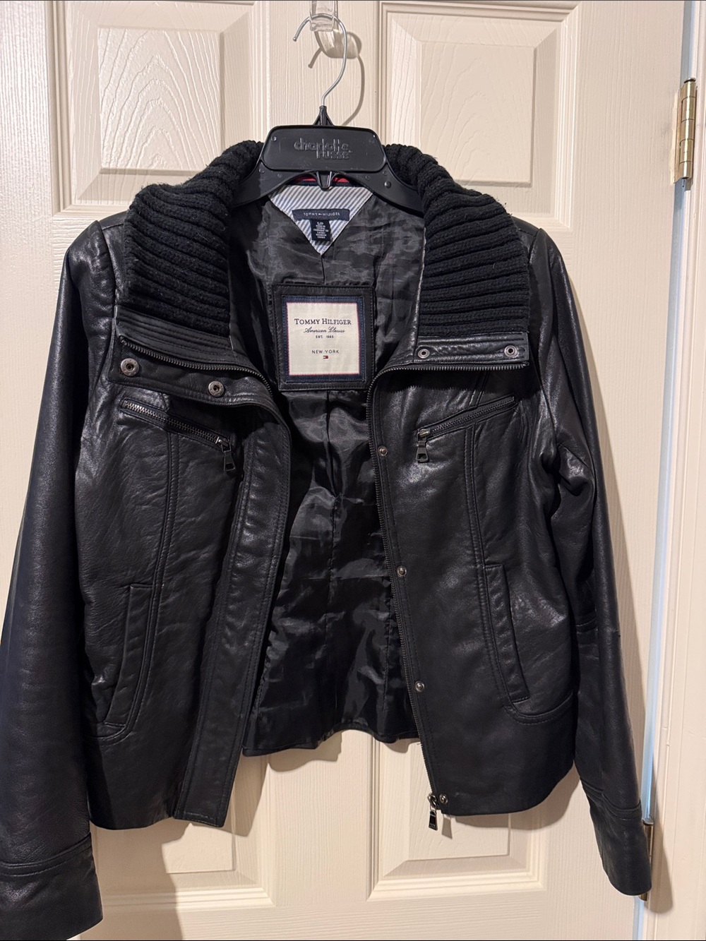 Tommy Hilfiger Black Faux Leather Jacket with Ribbed Knit Collar